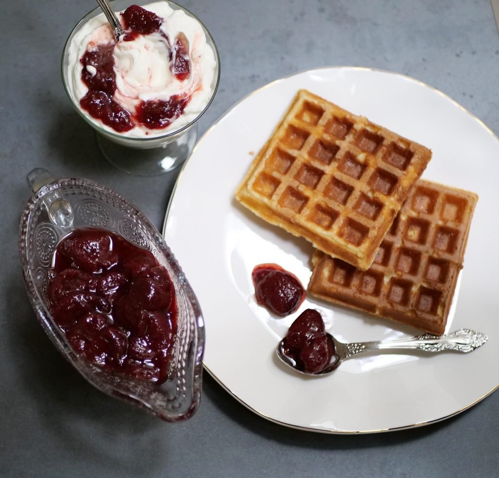 waffles with strawberry preserve and youghurt