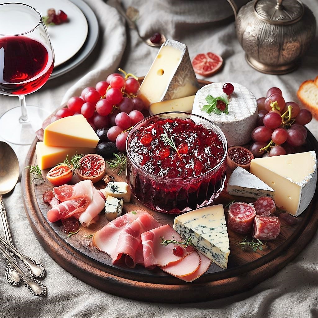spicy red wine jelly on a charcutierie board