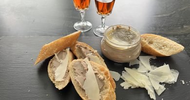 chicken liver pate on a crusty baguette, cheese and madeira wine