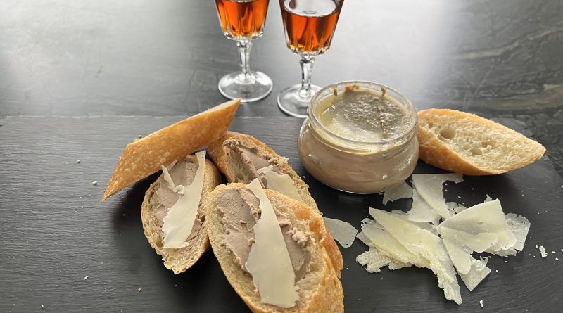 chicken liver pate on a crusty baguette, cheese and madeira wine