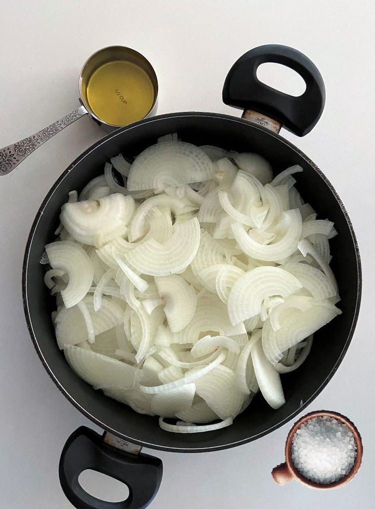 sliced yellow onions, salt and oil 