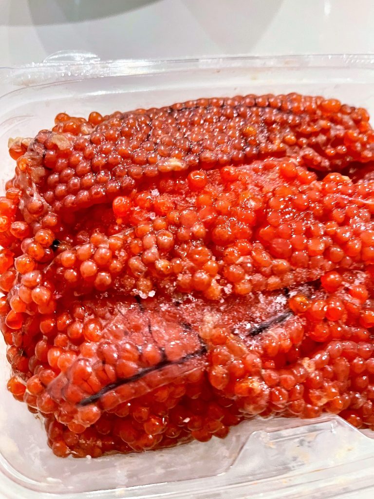 salmon roe inside the skeins
