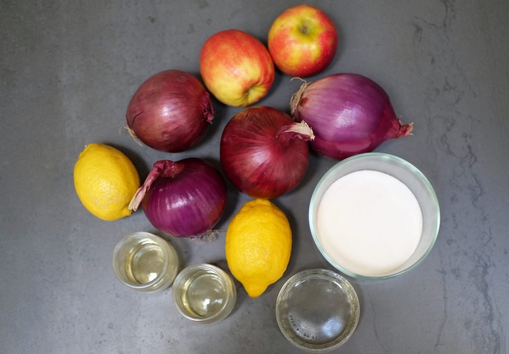 Ingredients for onion jam recipe for canning