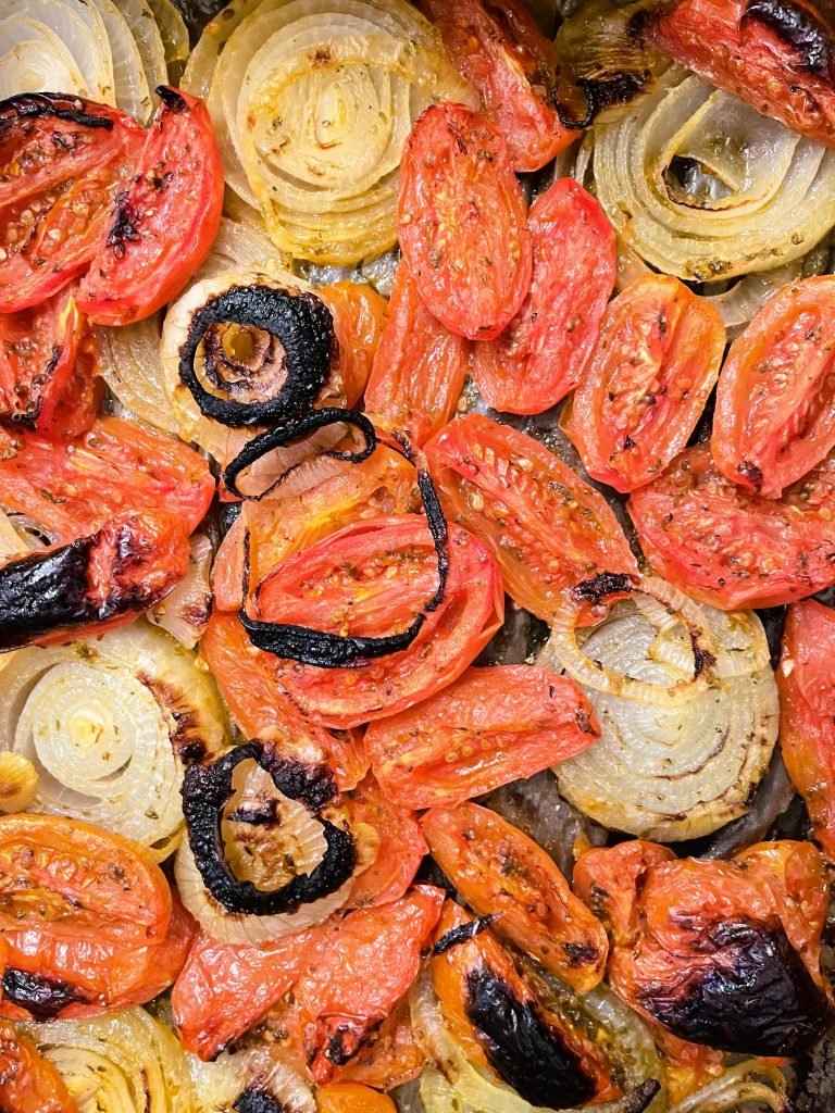 roast onions and Roma tomatoes