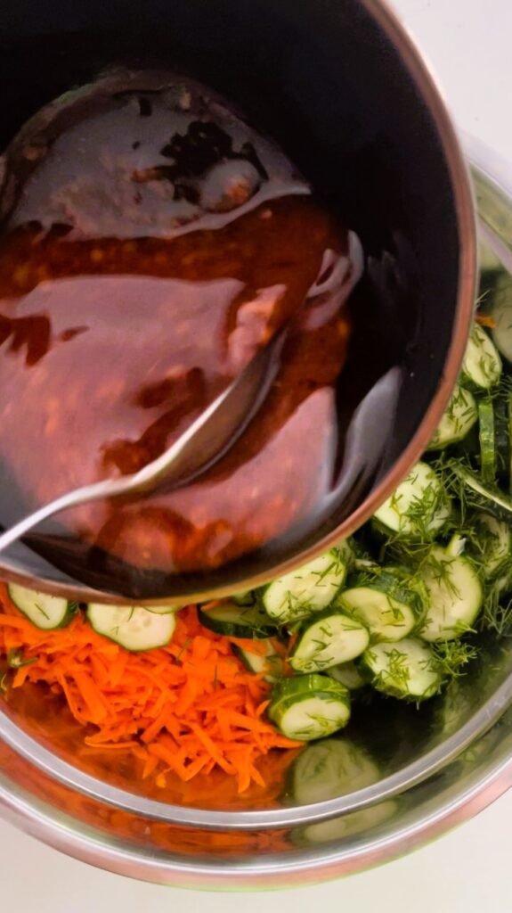 pour marinade ingredients over vegetables