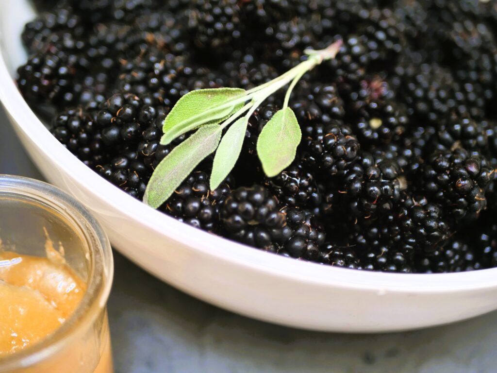 Fresh blackberries in a white bowl topped with a sage sprig