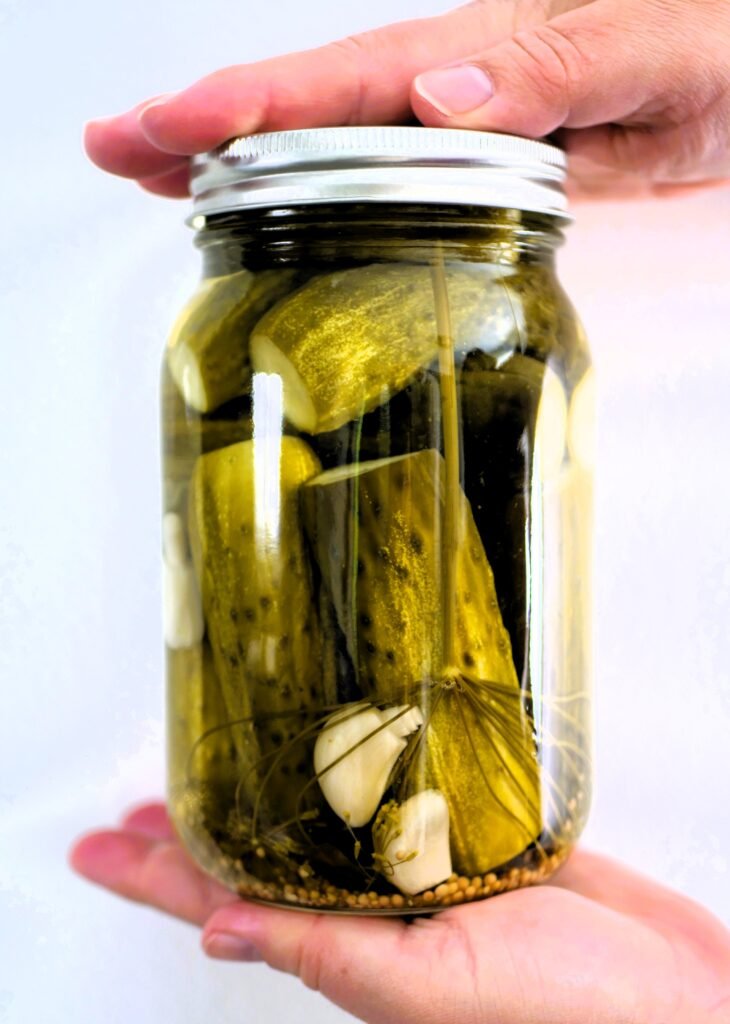 canned Hungarian-style pickled cucumbers ready for pantry