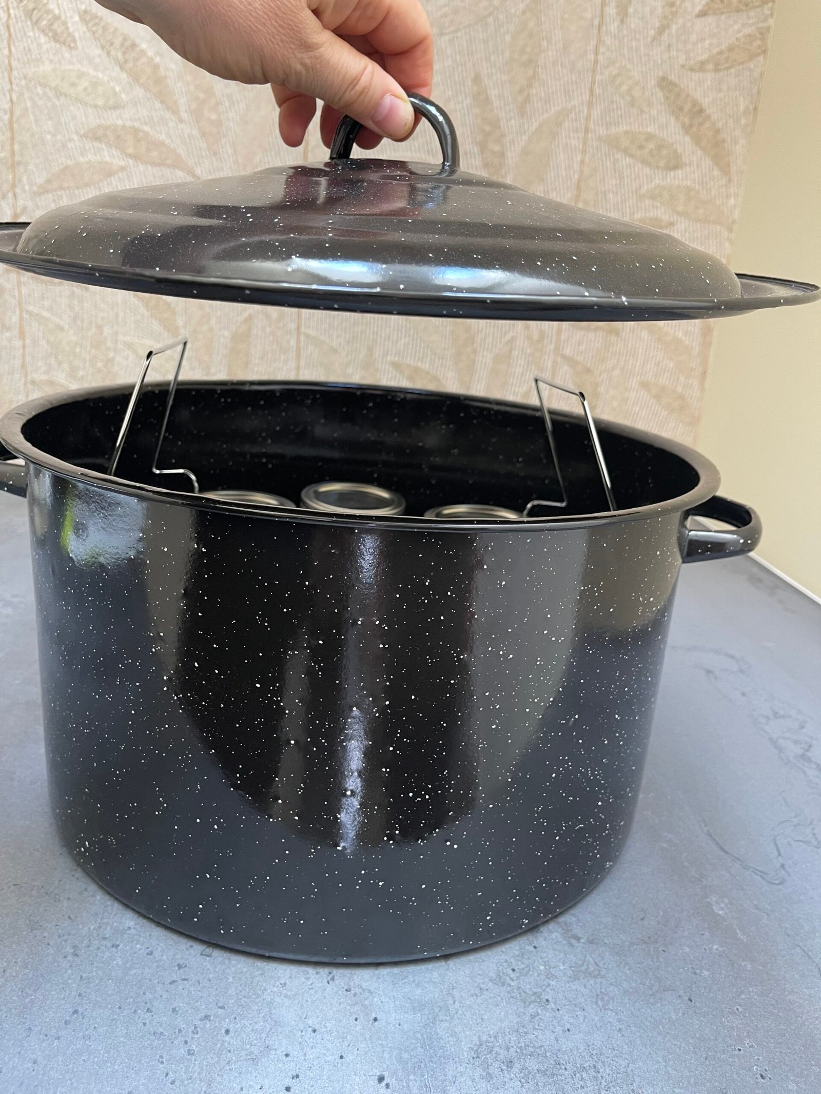 Granite waterbath caner fully loaded with jars and lid off 