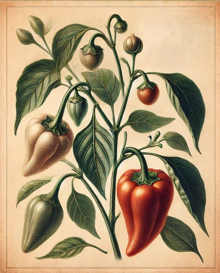 Sweet Pepperoncini peppers botanical illustration - Generated with AI