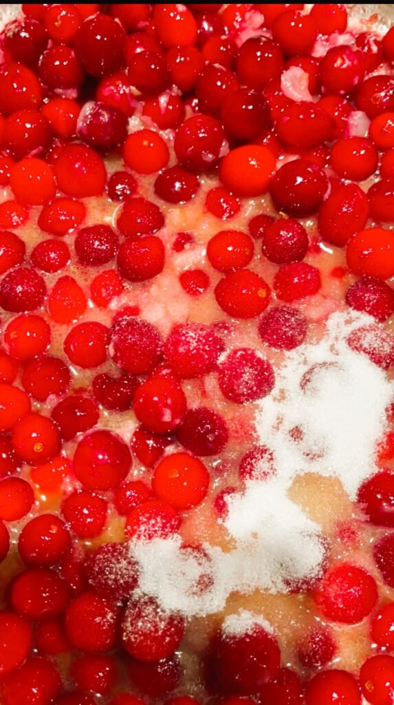 sugar, salt and other spices are added as a last step before cooking the cranberry chutney mixture