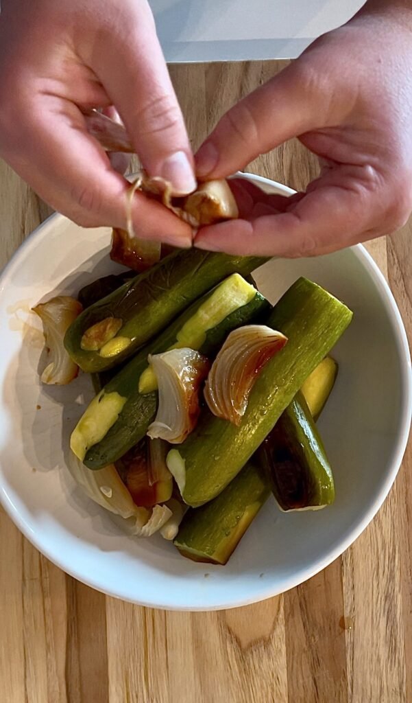 baked zucchini, onions and garlic ready to be used in the recipe