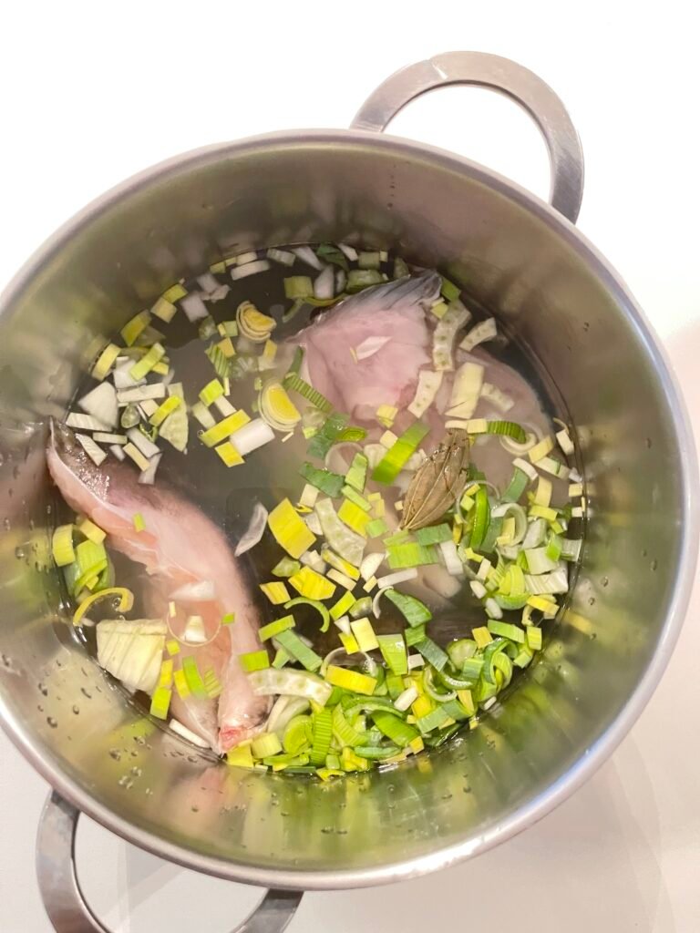 water added to the pot to cover all of the ingredients used to make fish stock recipe