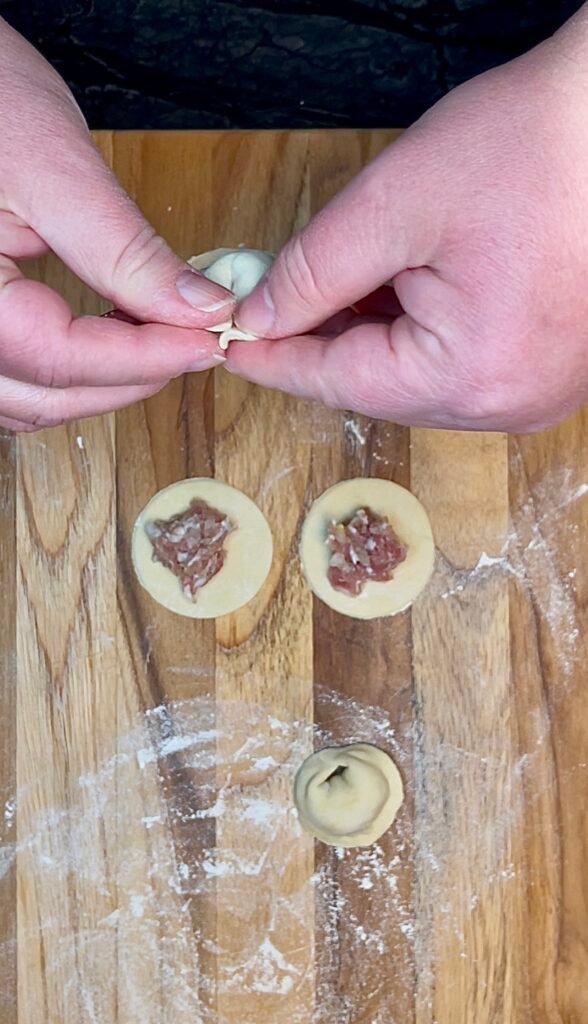 pinch corners of the earlier shaped half moon  dumpling together 