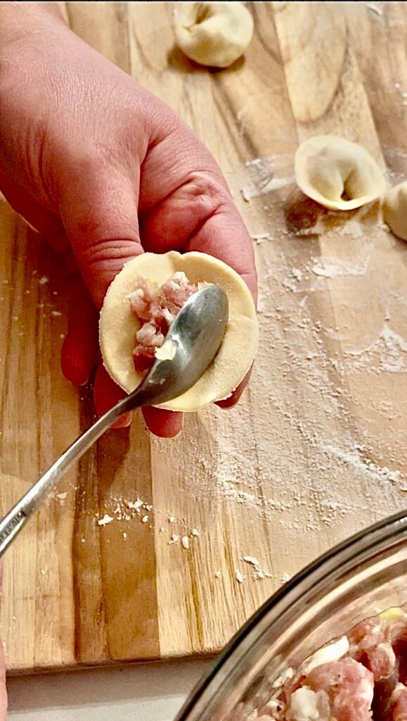 place a teaspoon of pelmeni filling into the center of each dough round