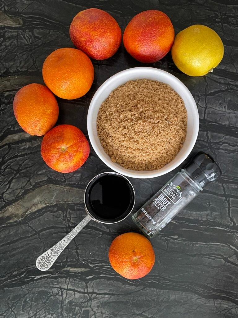 blood orange marmalade recipe ingredients gathered together