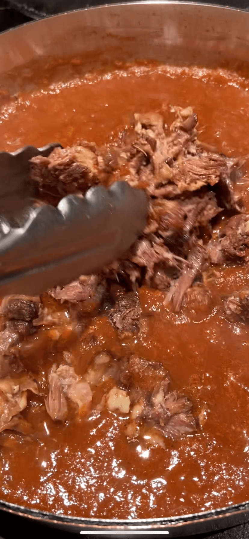 combine shredded meat with the blended simmering liquid