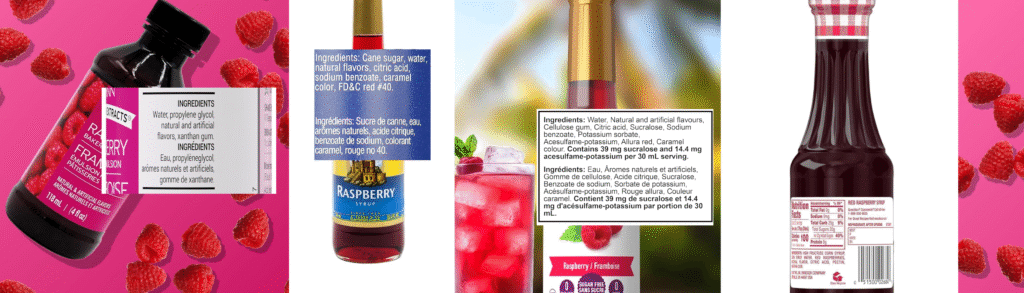 raspberry syrup ingredients listed on various commercially made syrups such as Starbucks raspberry syrup, Smucker's raspberry syrup