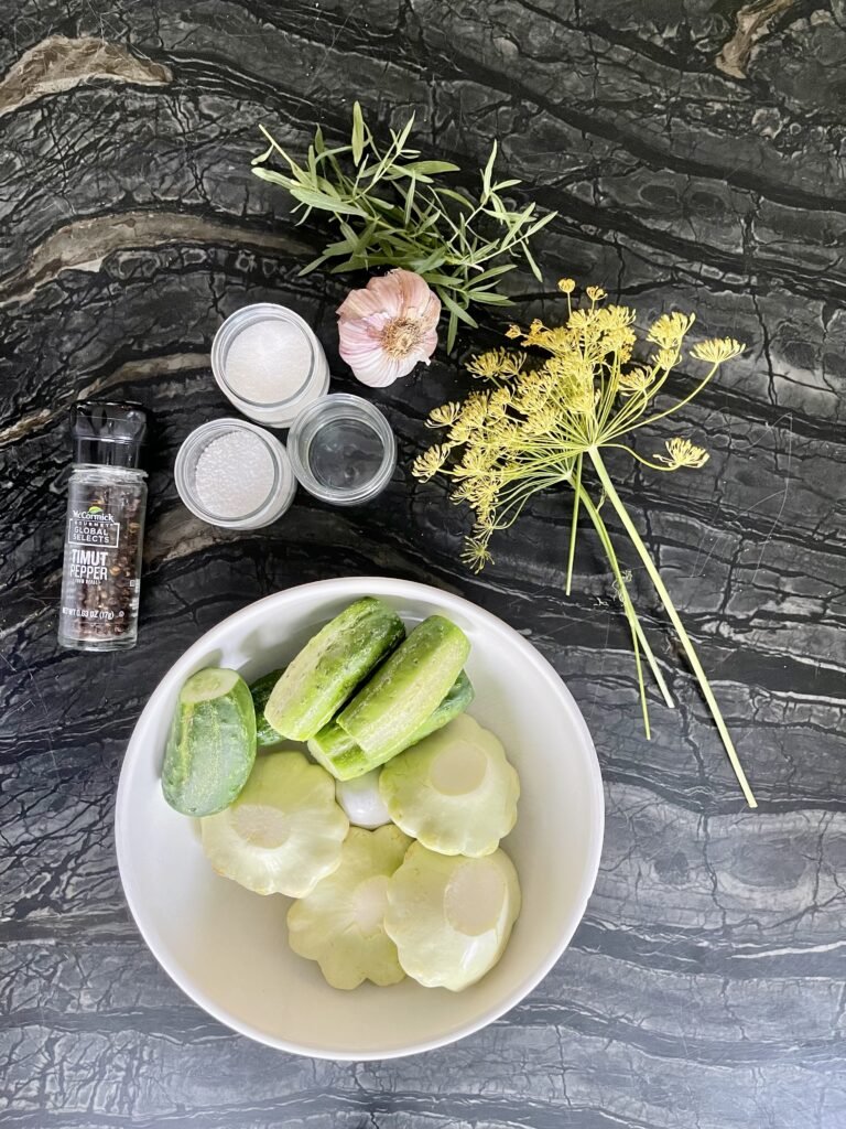 ingredients used to make pickled cucumber spears and pattypan squash