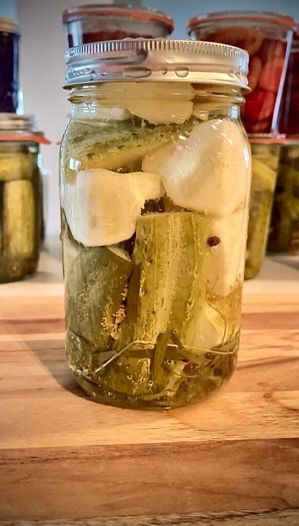 freshly pickled vegetables cooling on the counter