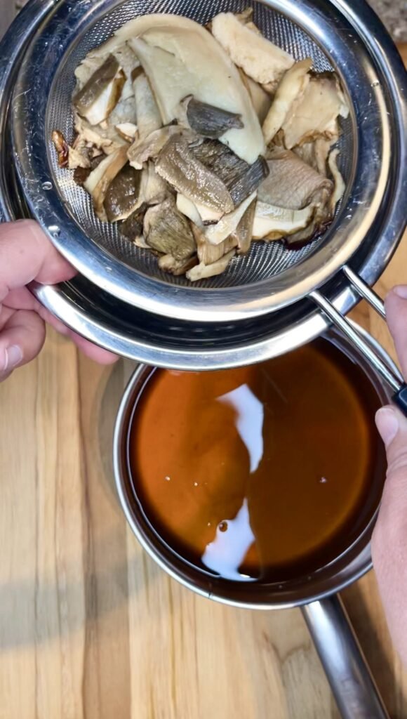 drain re-hydrated porcini and reserve soaking water