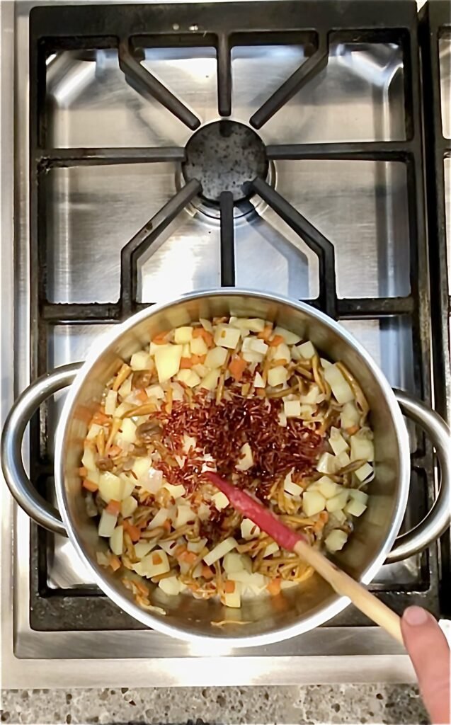 we combine potato and red Thai rice with the cooking vegetables