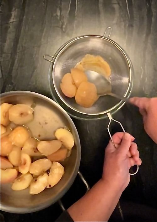 we use metal mesh strainer to push apple pulp through and separate it from apple skins and seeds