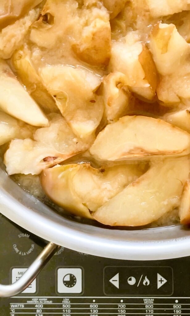 cooked apples and pears in the rendered juices