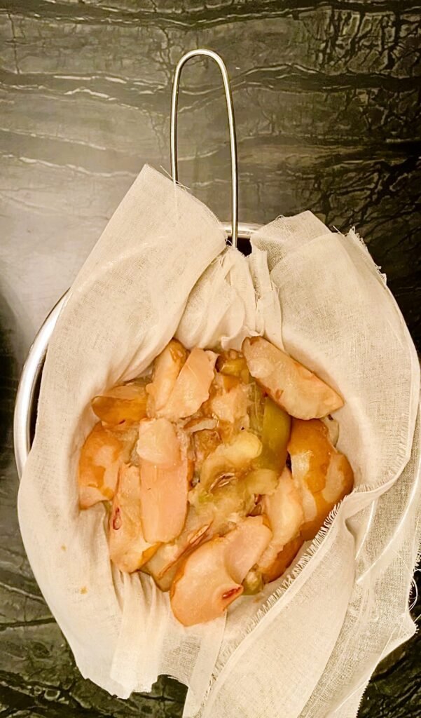 we use double lined cheesecloth to strain cooked fruit