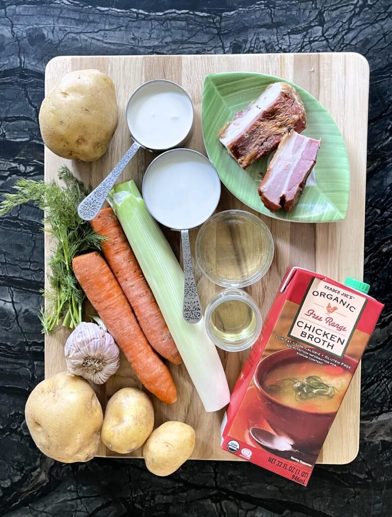 Ingredients used in this soup - potato, leek, bacon, carrots, dill, garlic, white wine, grapeseed oil, chicken stock, milk, cream