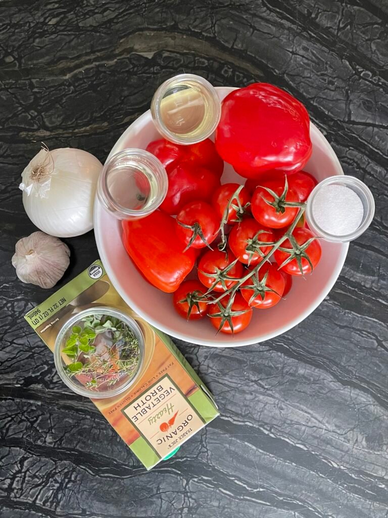 ingredients we used to make this roasted red pepper and tomato soup