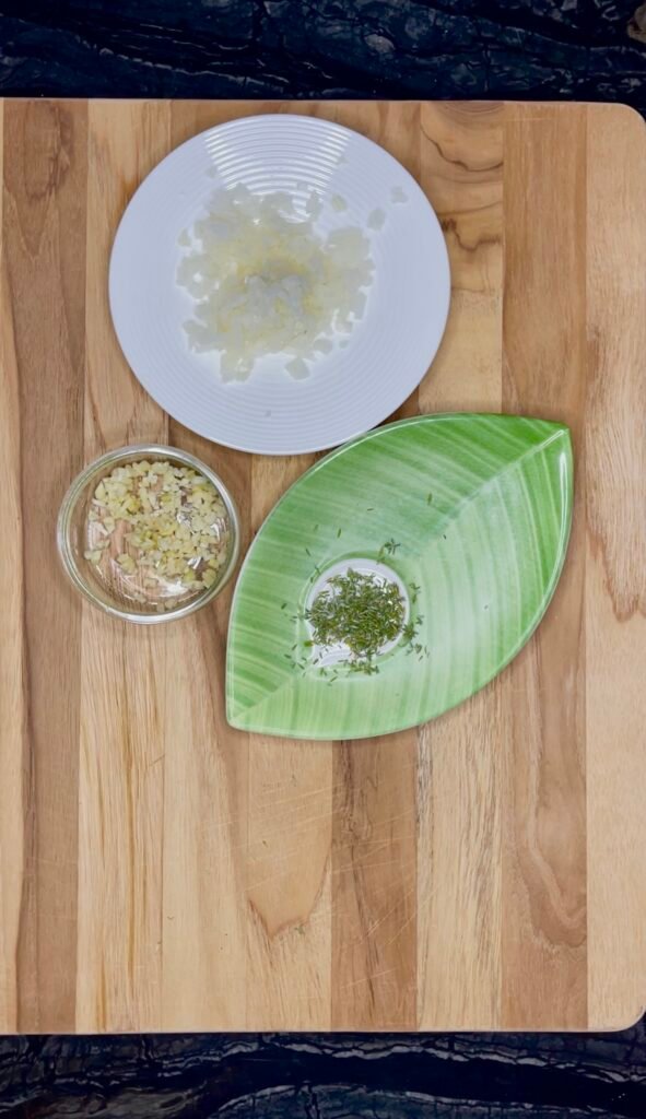 finely diced onions, garlic and thyme