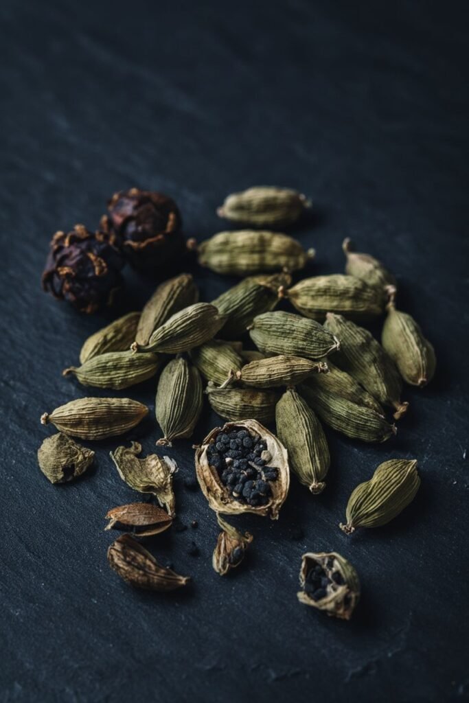green cardamom and juniper berries set on the table