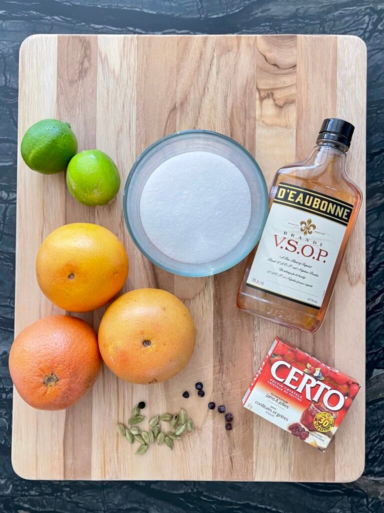 pink grapefruit jam recipe ingredients set on the table