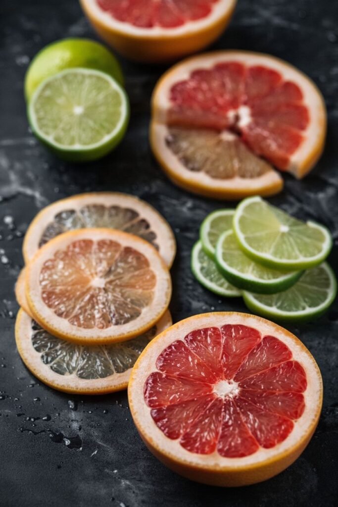sliced ruby red grapefruit and limes