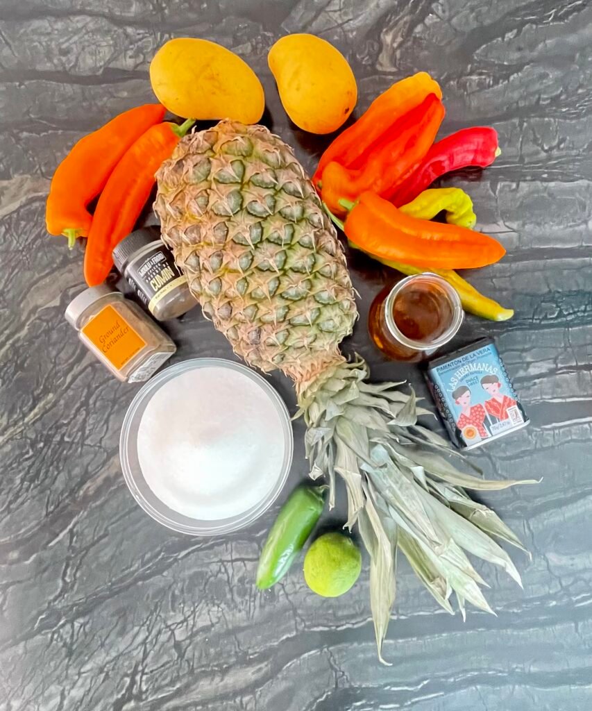 pineapple mango pepper jam -  recipe ingredients gathered on the table