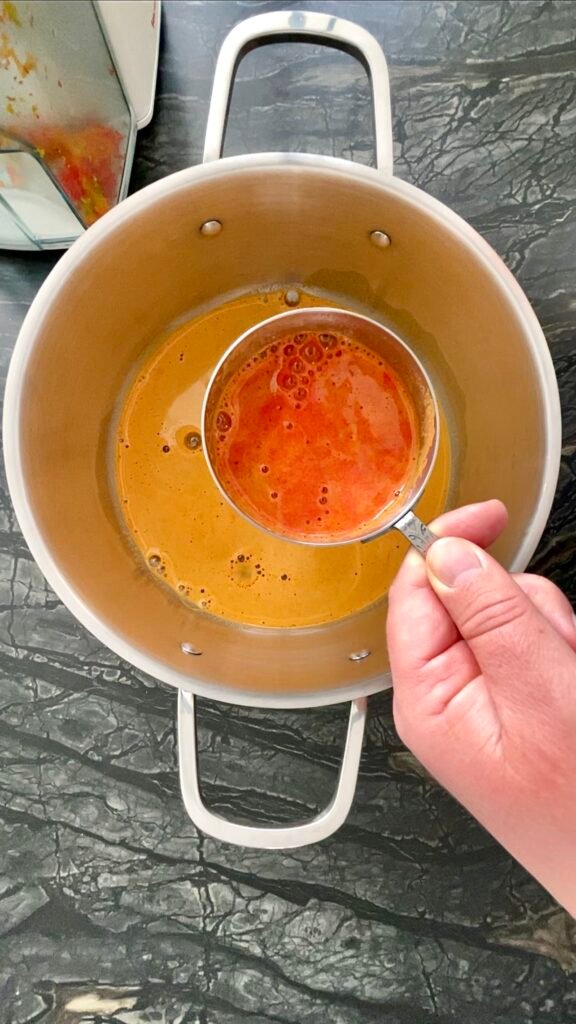 hot pepper jam prep- measure pepper juice as you add it to the pot