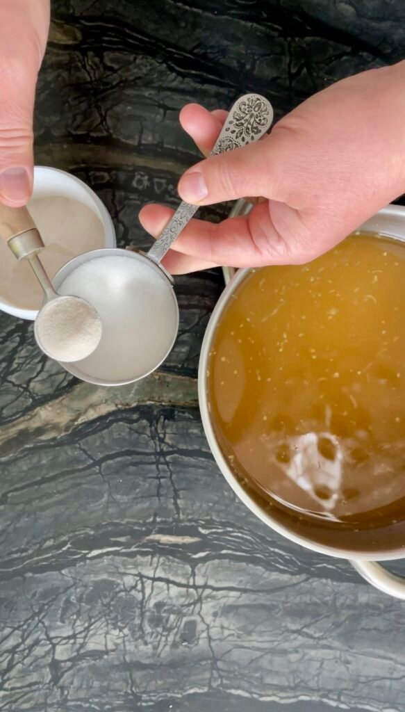 Apple lemon balm jelly - mixing powdered pectin with sugar 