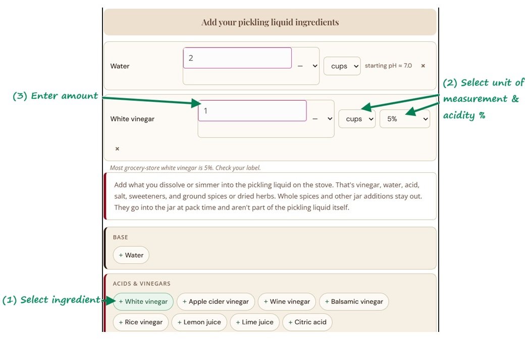 Pickling Brine pH Calculator: Illustration 1: How to add your pickling ingredients