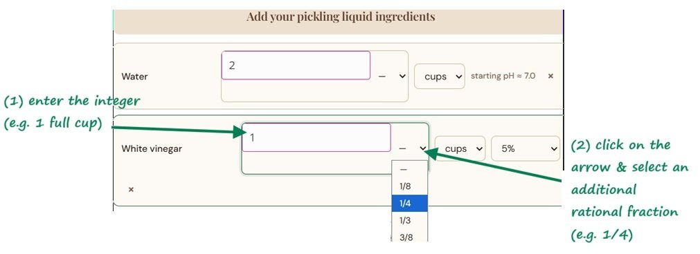 Pickling Brine pH Calculator: Illustration 2: How to enter fractional amounts (e.g. 1/4)
