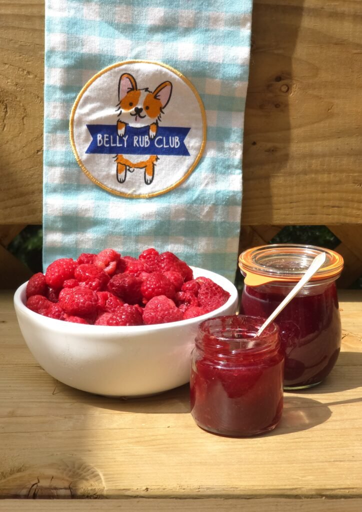 homemade raspberry jam in jars set against the bowl of fresh raspberries