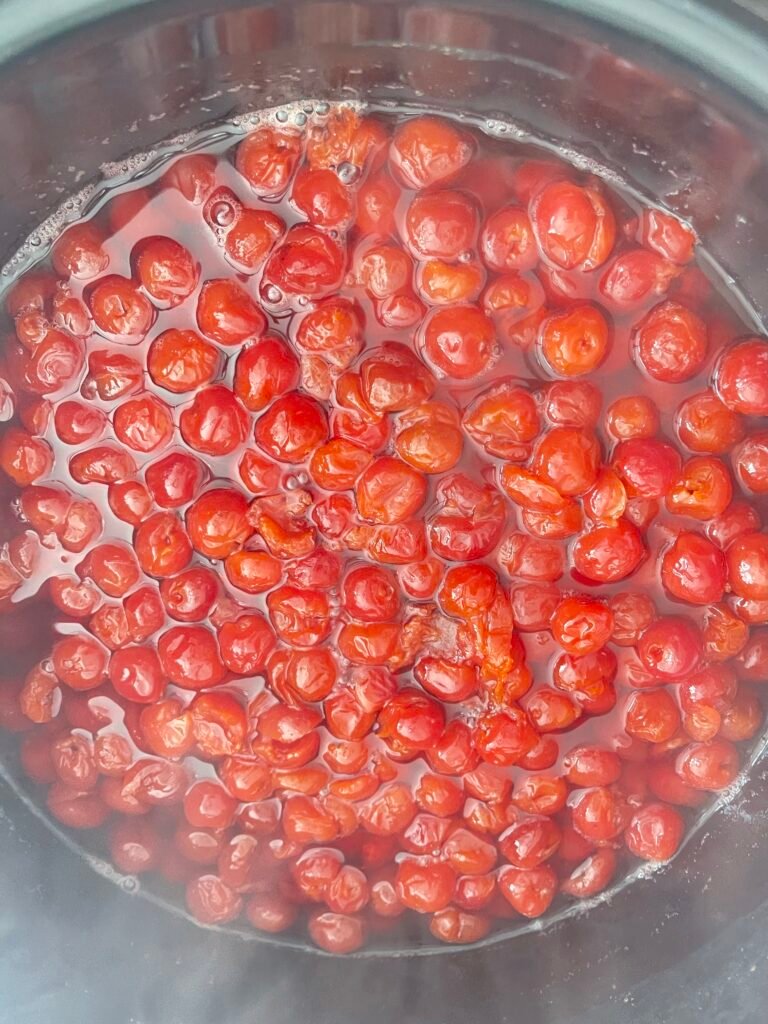 cherries after the overnight macerate, juice pooled