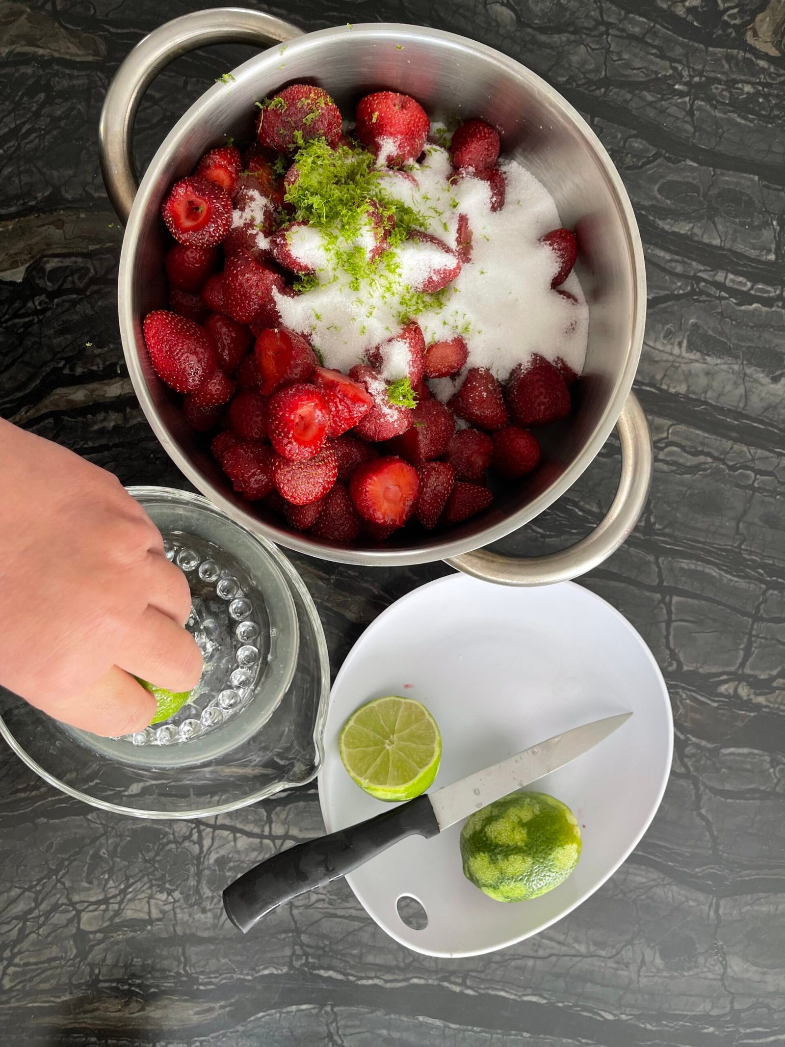 Strawberry Lime Jam with Vanilla — strawberries with lime and sugar before cooking