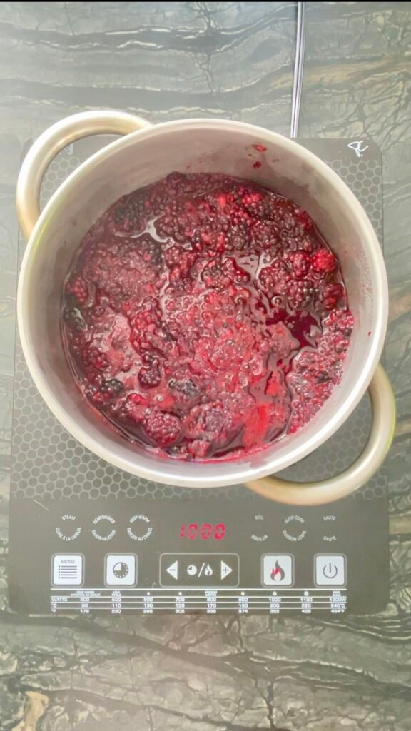 Mashed blackberries cooking down in a pot before straining