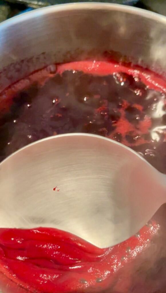 berry juice being reheated and skimmed in a pot before filling jars