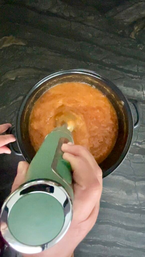 peach apricot jam:  using the immersion blender to smooth part of the mixture