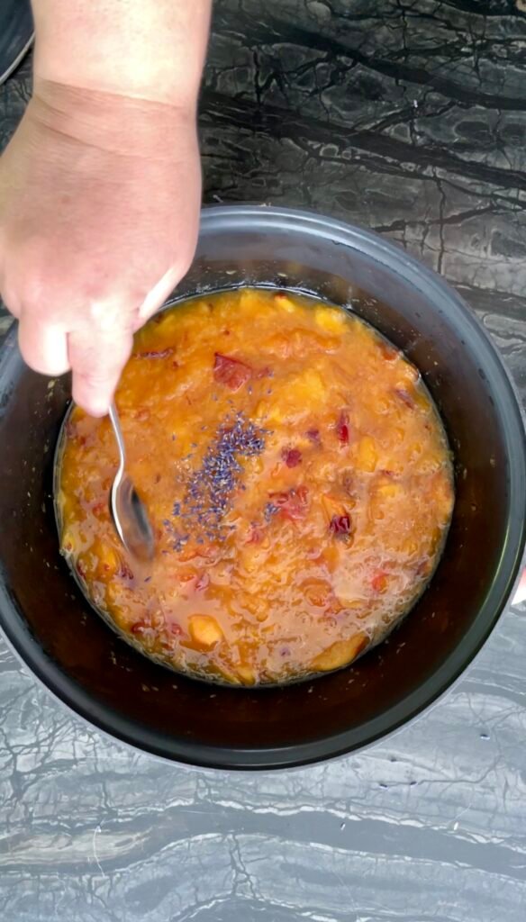 peach apricot lavender jam: lavender buds mixed through the fruit before the overnight macerate