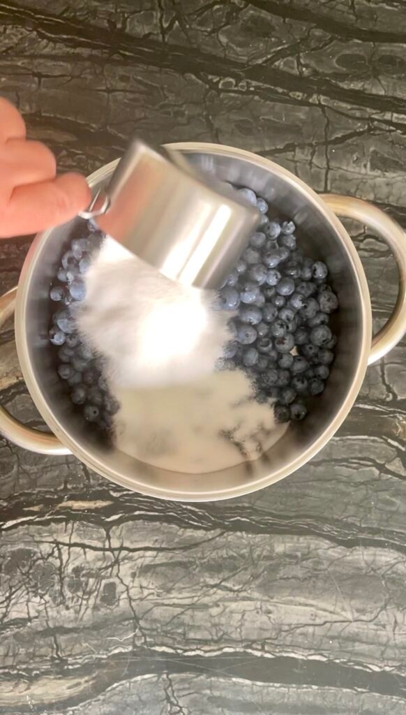 Making Blueberry Orange Jam — adding sugar to blueberries