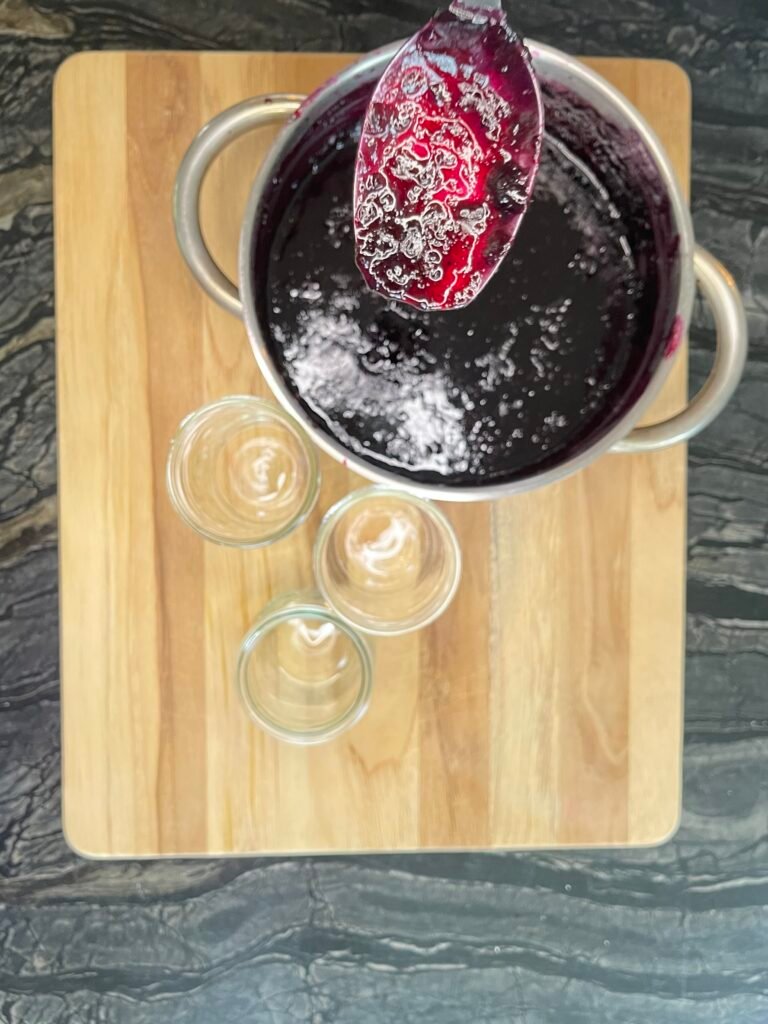 Canning Blueberry Orange Jam — ladling jam into jars
