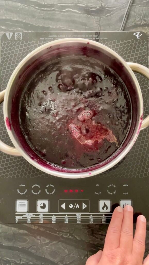 Making Blueberry Orange Jam — returning the pot to the stove for final cooking round