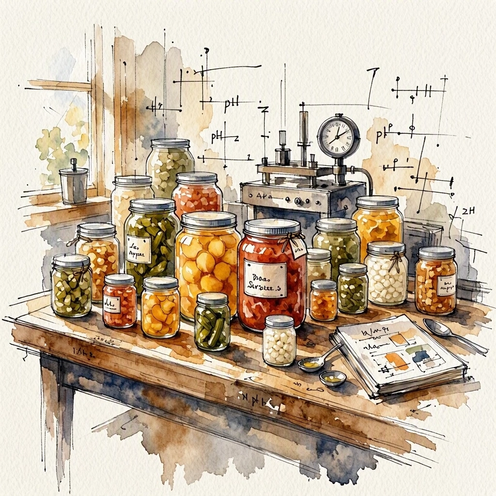 Watercolor illustration of filled canning jars, a pressure canner, and pH notes on a wooden table